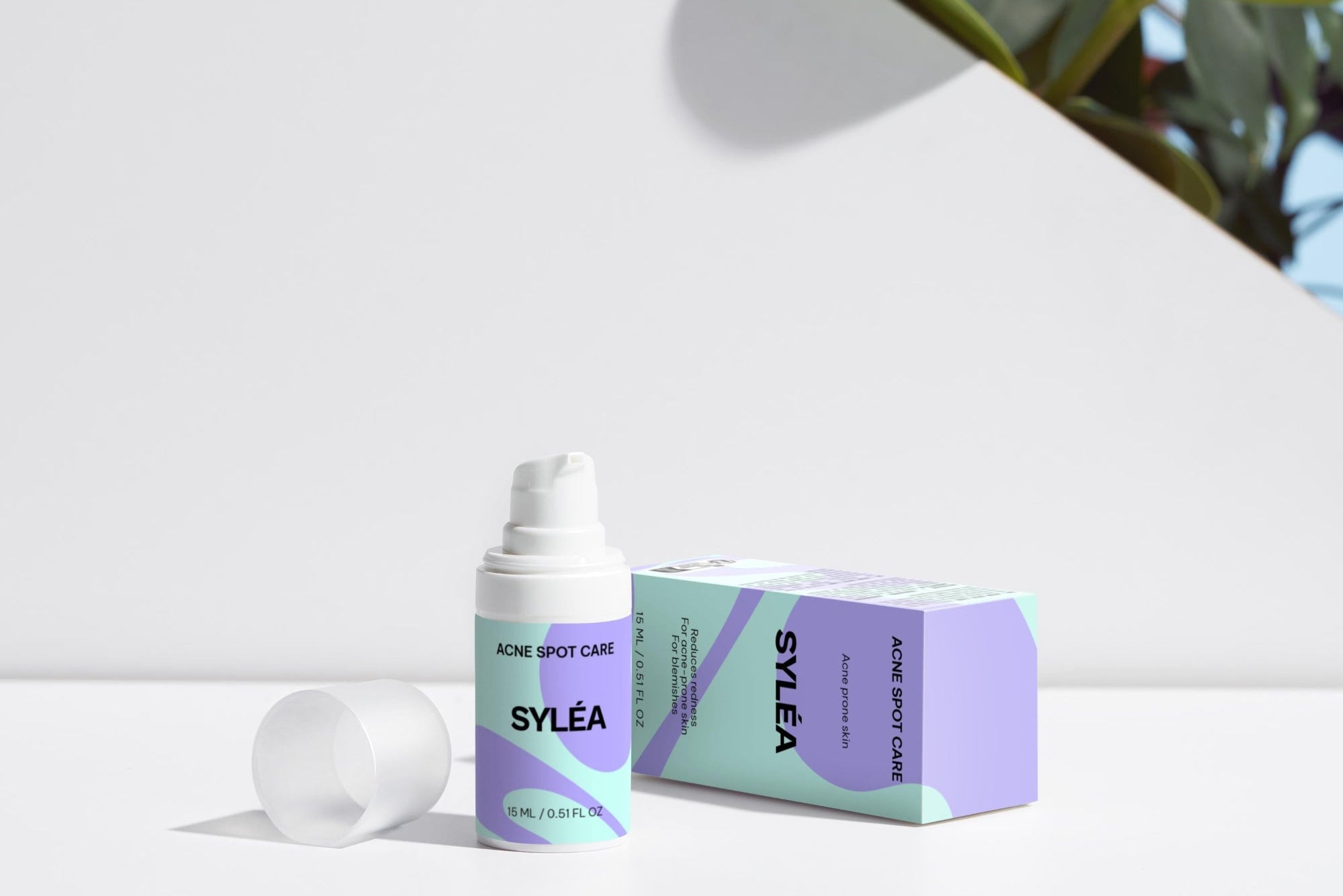SYLÉA Acne Spot Care serum with packaging on white background, acne treatment for blemish-prone skin